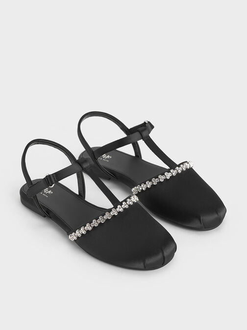 Zapatos planos de satín con tira T y pedrería para niña, Negro texturizado, hi-res