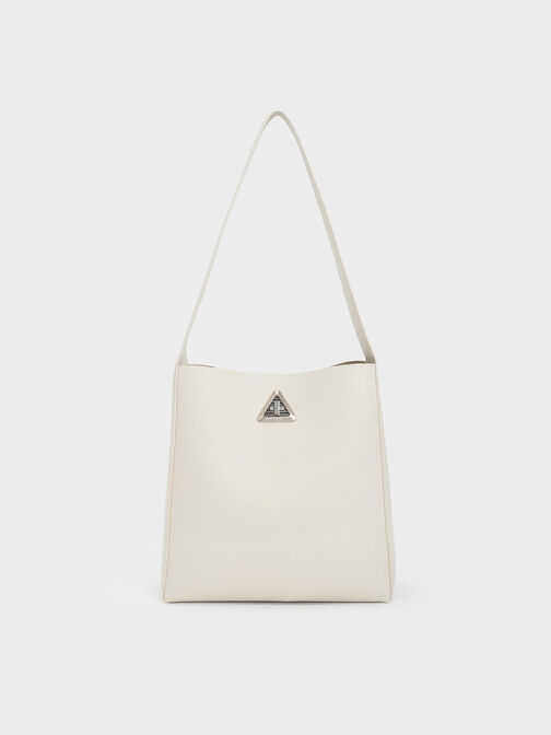 Grand sac hobo à détail métallique triangulaire, Blanc craie, hi-res