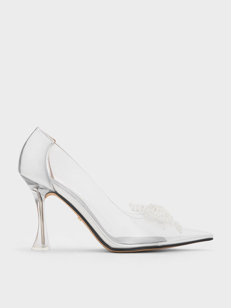 See-Through Beaded Bow Pumps, Clear, hi-res