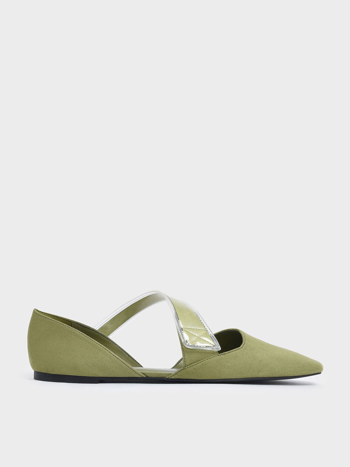 Asymmetric See-Through Strap Mary Jane Flats, Olive, hi-res
