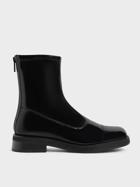 Patent Round Toe Zip-Up Ankle Boots, Black Textured, hi-res