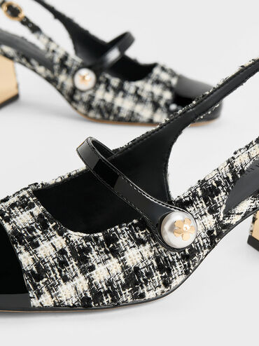 Zapatos destalonados de tweed con tacón trapecio y perlas, Negro texturizado, hi-res