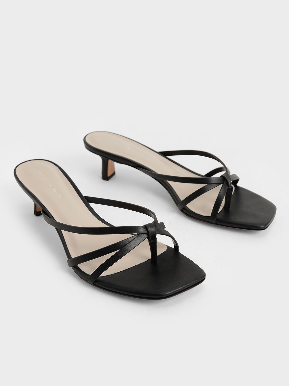 Strappy Heeled Toe-Loop Sandals, Black, hi-res