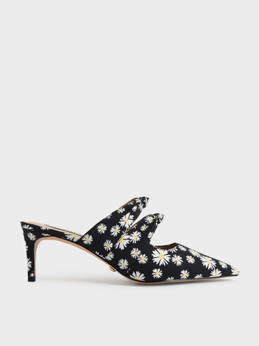Knot Detail Daisy Print Heeled Mules, Black Textured, hi-res