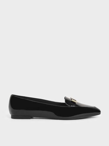 Metal Bow Patent Pointed Loafers, Black, hi-res