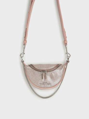 Girls' Glittered Chain-Embellished Crossbody Bag, Light Pink, hi-res