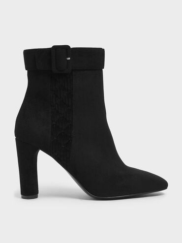 Buckle Strap Cylindrical Heel Corduroy Ankle Boots, Black Textured, hi-res