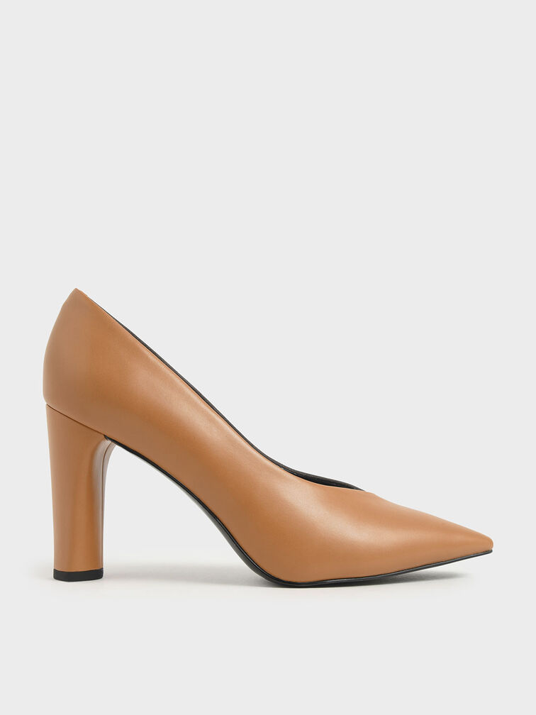 Two-Tone Textured Cylindrical Heel Pumps, Caramel, hi-res