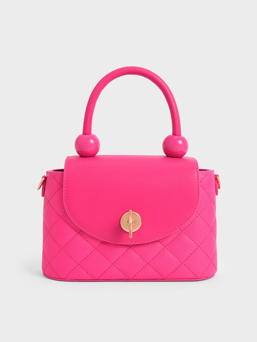 Round Quilted Top Handle Bag, Fuchsia, hi-res