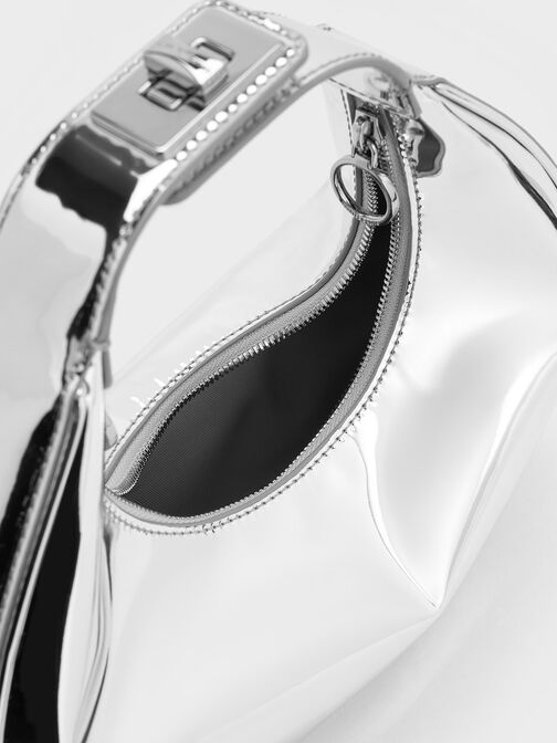 Metallic Crescent Hobo Bag, Silver, hi-res