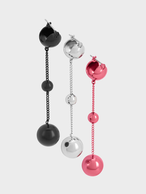 Pendientes metálicos de esfera con adornos de cristal, Plateado, hi-res