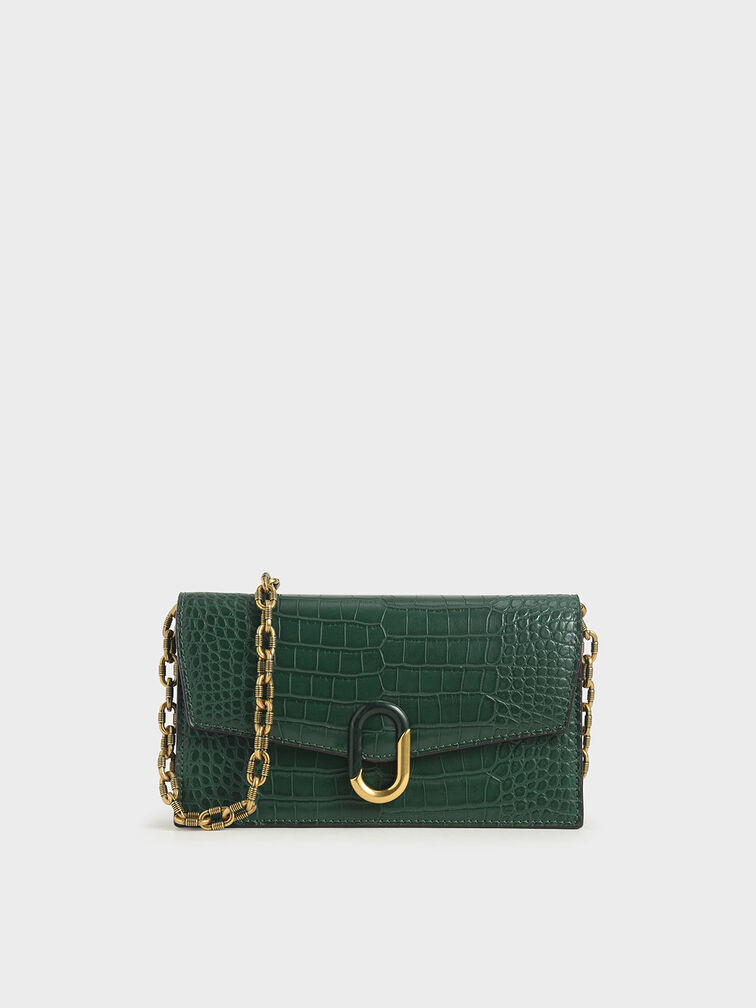 Croc-Effect Stone-Embellished Envelope Wallet, Green, hi-res