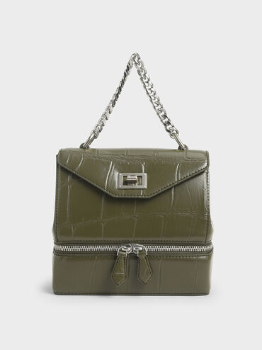 Croc-Effect Two-Way Zip Handbag, Olive, hi-res