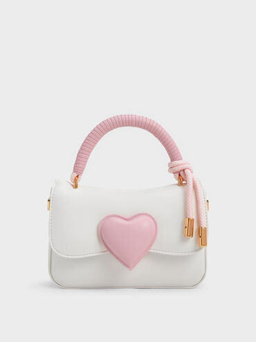 Heart-Motif Coiled Top Handle Bag, White, hi-res