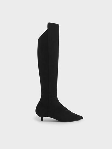 Textured Kitten Heel Knee High Boots, Black, hi-res