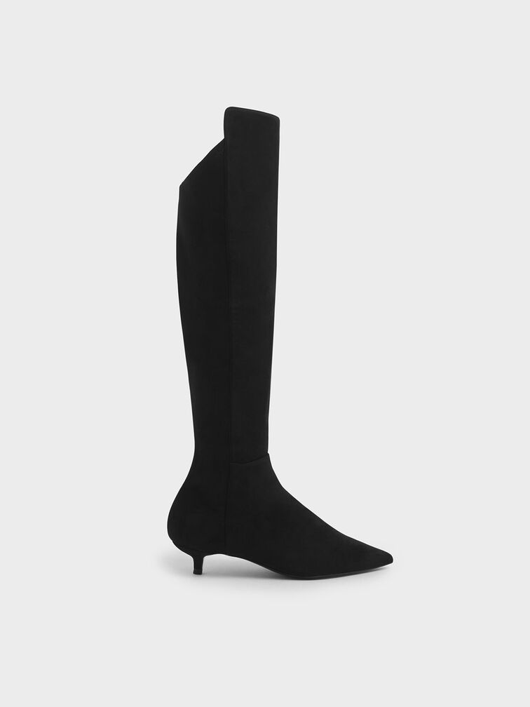 Textured Kitten Heel Knee High Boots, Black, hi-res