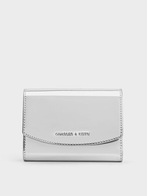 Metallic Curved Front Flap Wallet, Silver, hi-res