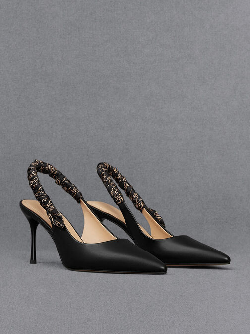Zapatos de tacón destalonados de cuero efecto arrugado con estampado, Negro, hi-res