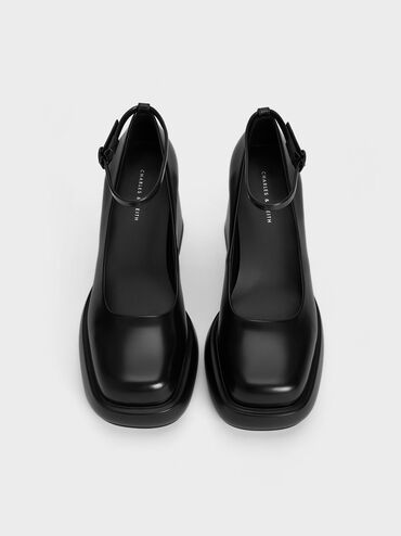 Zapatos de tacón plataforma Monique con correa al tobillo, Negro pulido, hi-res