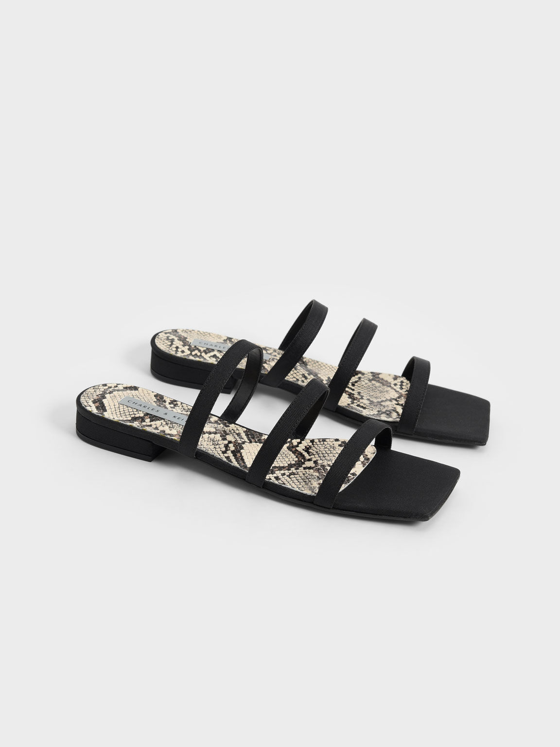 Grosgrain Snake Print Slide Sandals, Black, hi-res