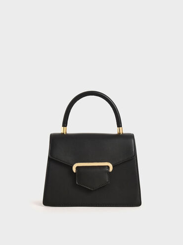 Leather Metallic Accent Handbag, Black, hi-res