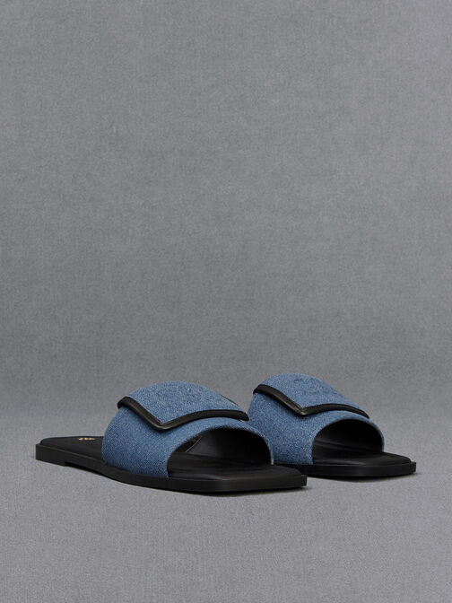 Sandalias slip-on de cuero y mezclilla, Azul, hi-res
