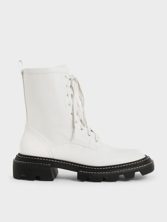 Lace-Up Chunky Ankle Boots, White, hi-res