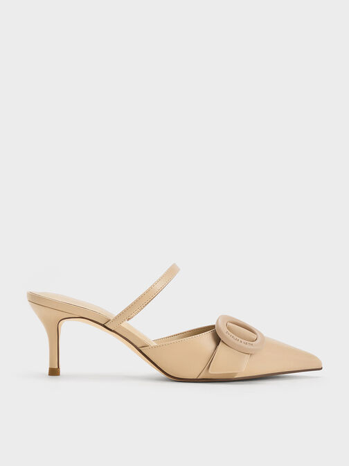 Oval-Buckle Pointed-Toe Mules, Beige, hi-res