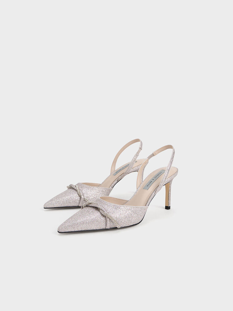 Silver Twist Detail Glittered Slingback Pumps - CHARLES & KEITH DE