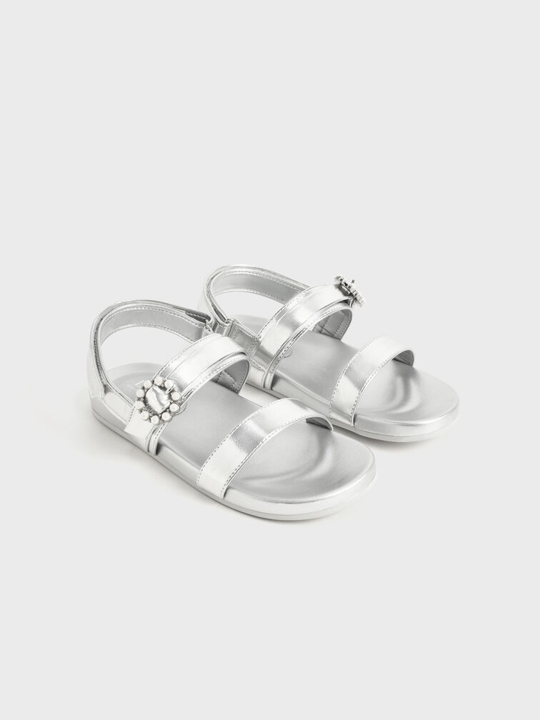 Girls' Bead-Embellished Back-Strap Sandals, Silver, hi-res