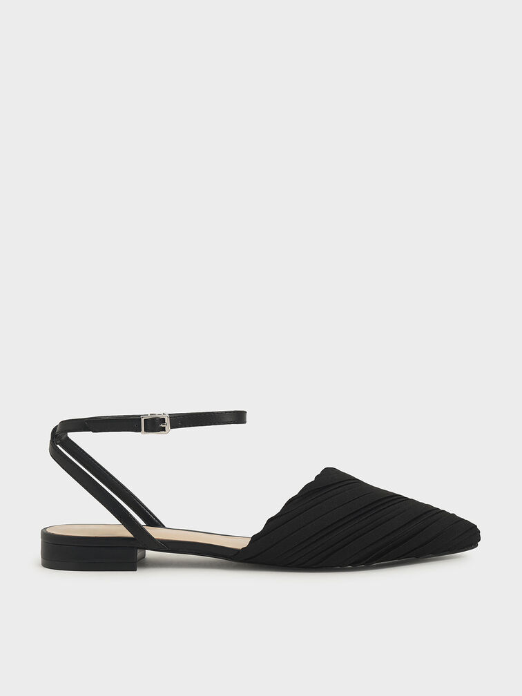 Pleated Ankle Strap Flat Court Shoes, Black, hi-res