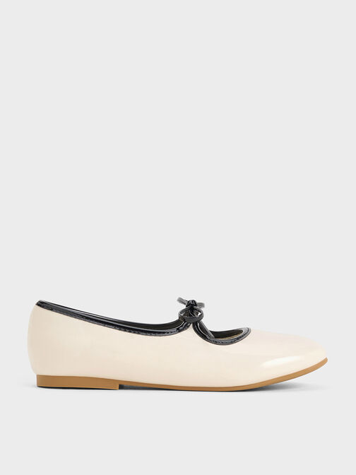 Girls' Patent Two-Tone Bow Ballet Flats, Chalk, hi-res