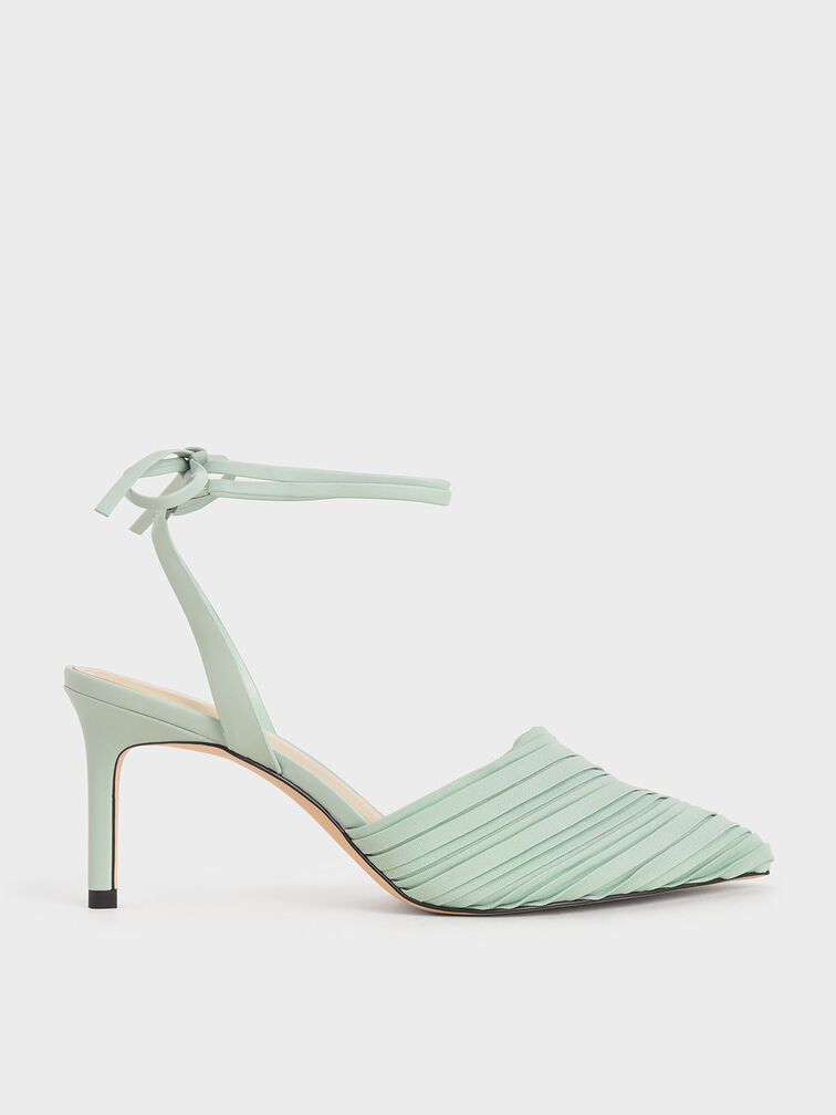 Pleated Ankle-Tie Stiletto Pumps, Mint Green, hi-res