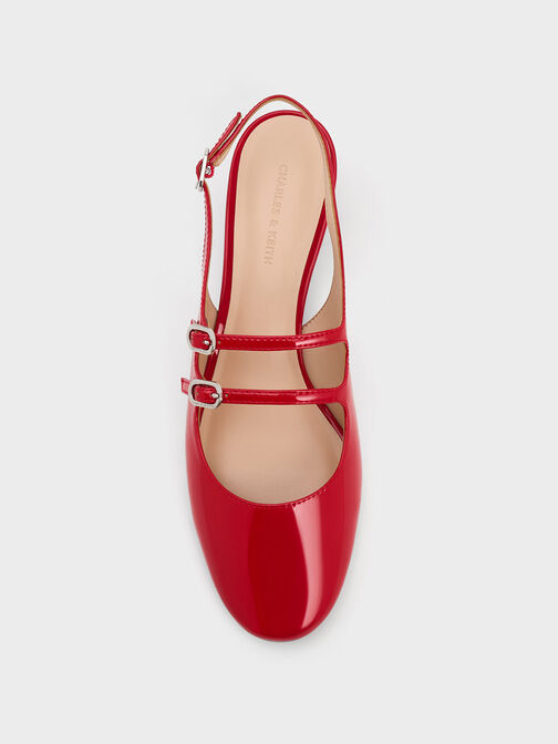Double-Strap Slingback Mary Jane Pumps, Red, hi-res