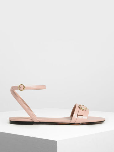 Gold Accent Ankle Strap Flats, Peach, hi-res