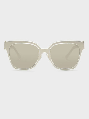 Oversized Square Metallic Accent Sunglasses, Silver, hi-res