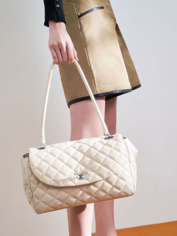 Chain Link Quilted Top Handle Bag, Cream, hi-res