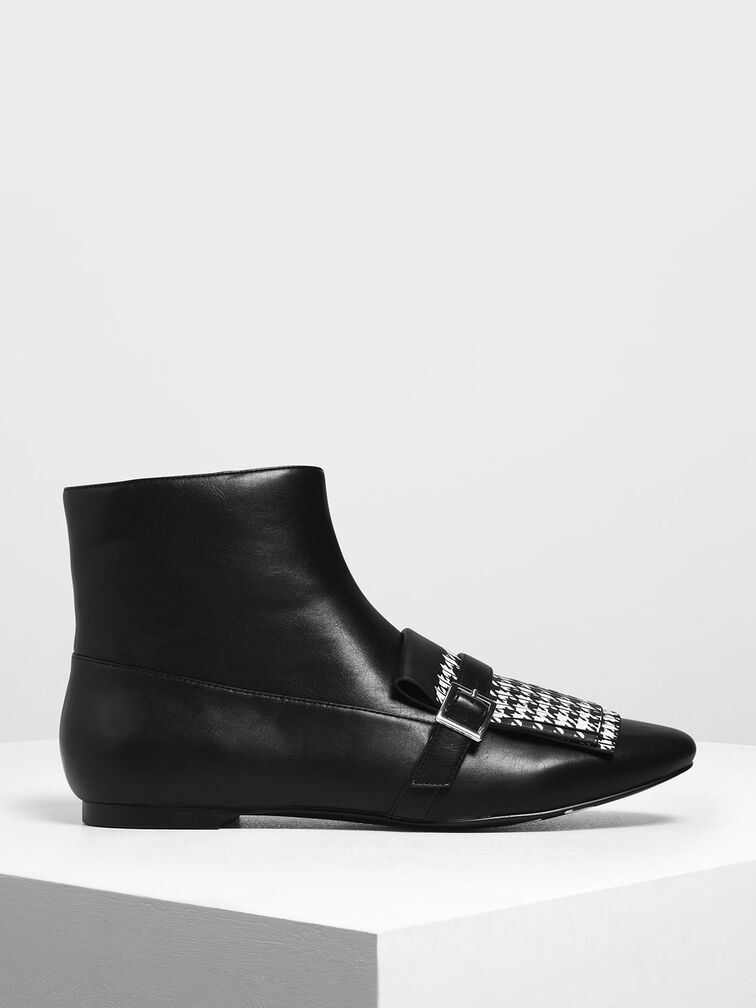 Houndstooth Printed Fringe Flat Ankle Boots, Black, hi-res