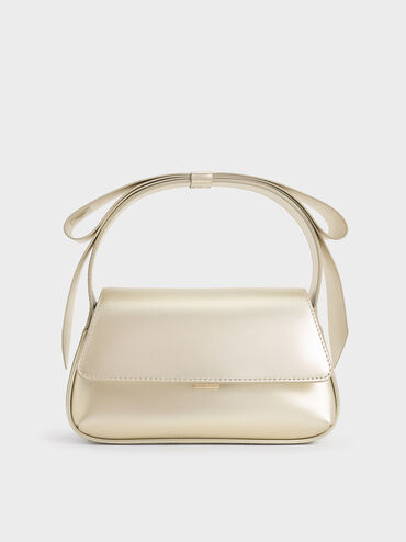 Leather Metallic Bow Top-Handle Bag, Champagne, hi-res
