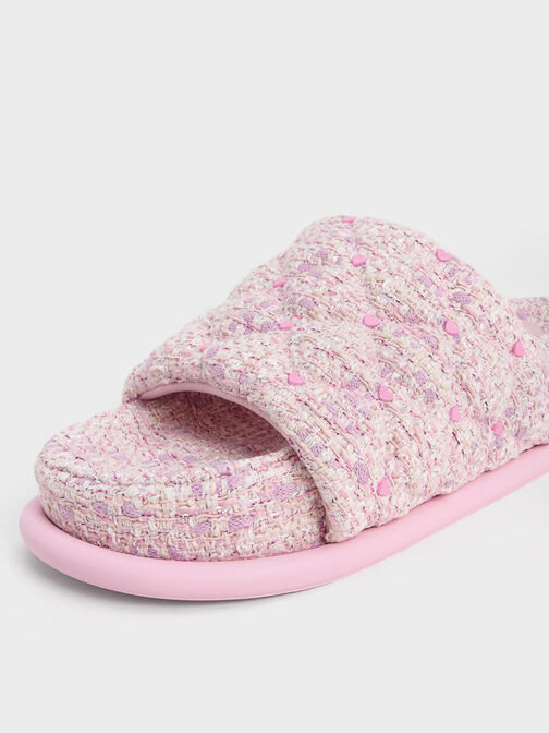 Dahlia Tweed Quilted Heart-Print Sandals, Pink, hi-res