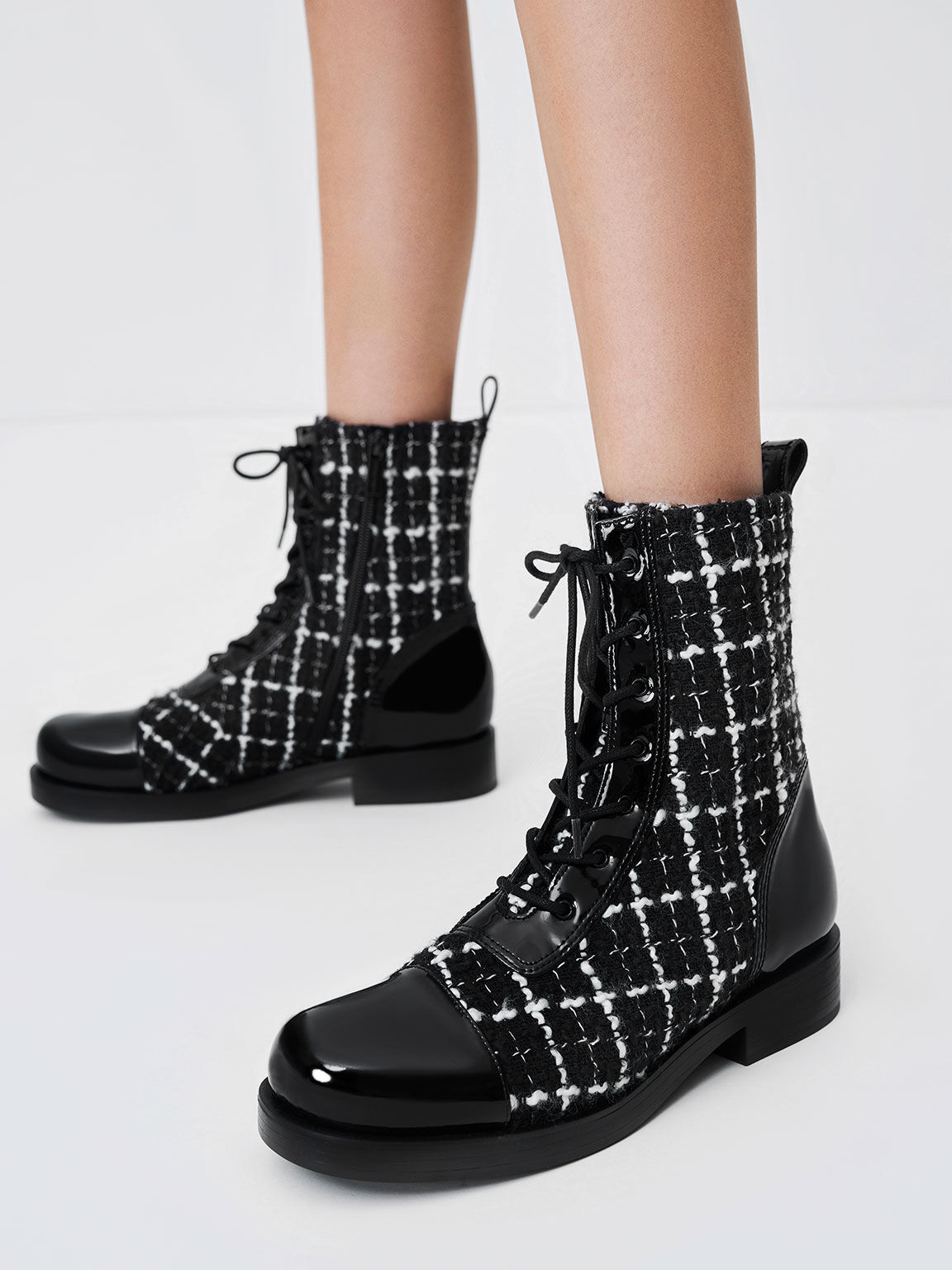 Madam Duty cloth Black Textured Tweed & Patent Combat Boots - CHARLES & KEITH SK