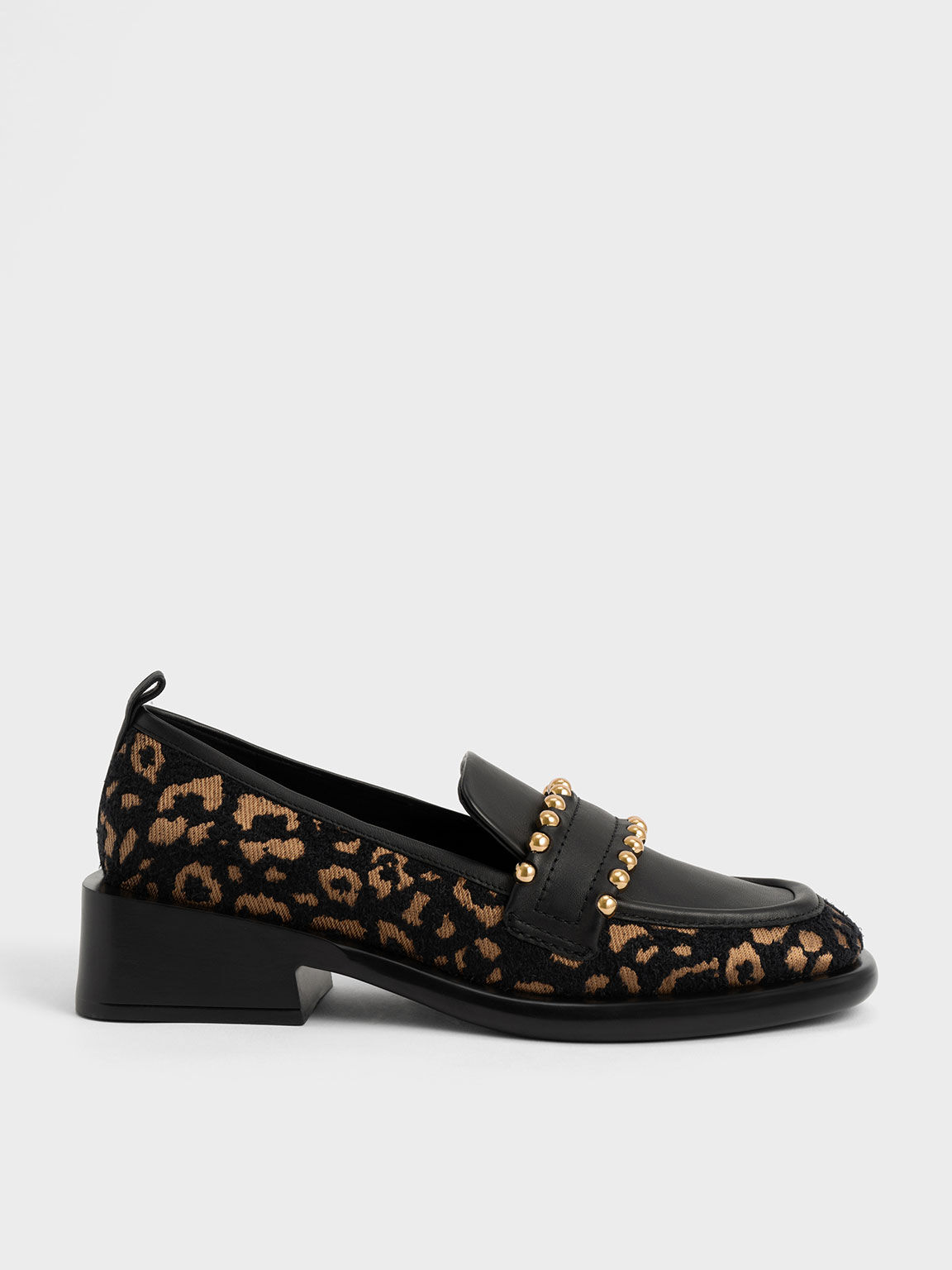 Studded Jacquard & Leather Penny Loafers, Animal Print Black, hi-res