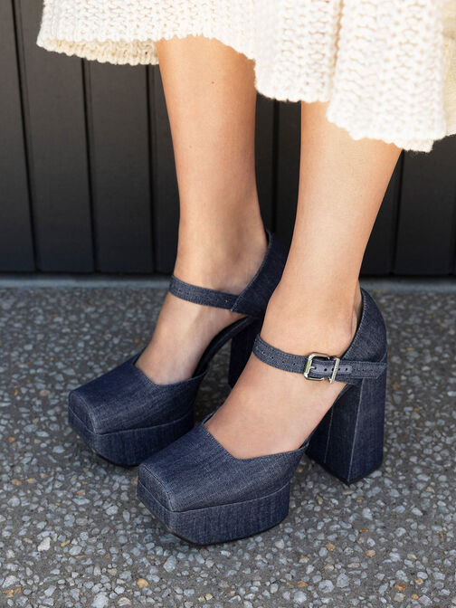 Zapatos de tacón d'Orsay Shayla de mezclilla con plataforma, Azul oscuro, hi-res