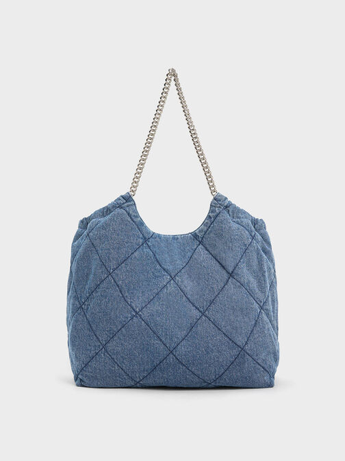 Chanel Blue Floral Quilted Denim Bowling Bag