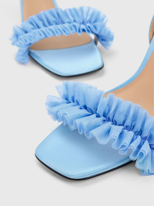 Sandales à talons en polyester recyclé à volants en résille, Bleu, hi-res
