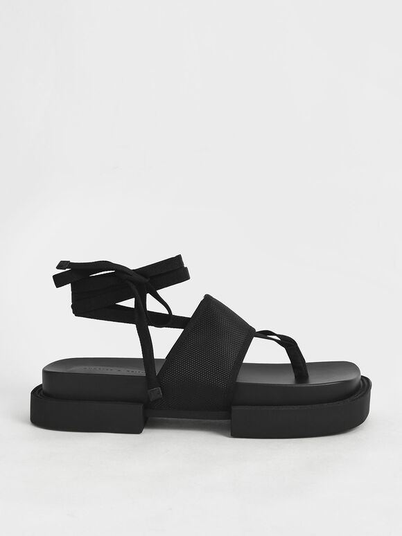 Alex Recycled Polyester Tie-Around Thong Sandals, Black, hi-res