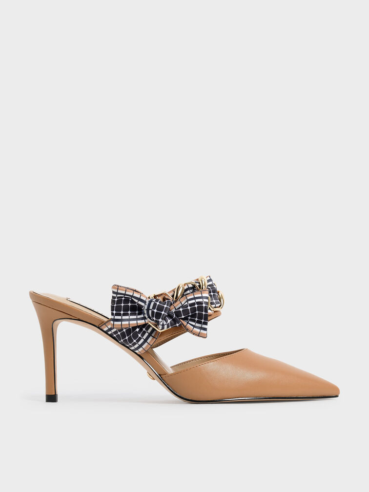 Printed Fabric Bow Leather Mules, Caramel, hi-res