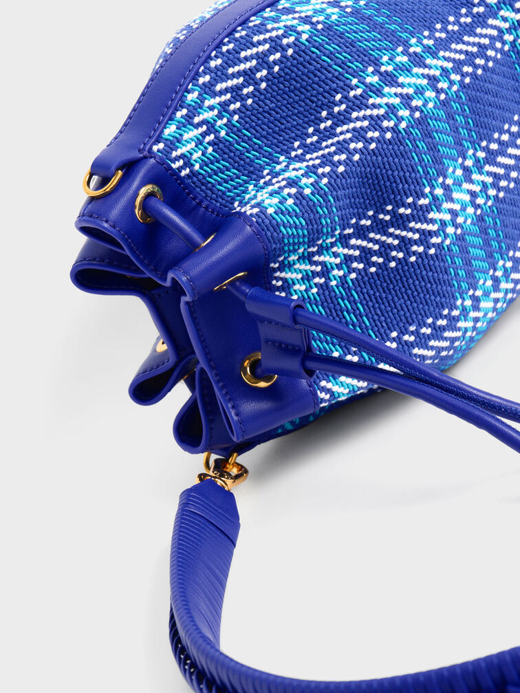 Bolso bombonera con cordón ajustable y asa trenzada de tweed, Azul cobalto, hi-res