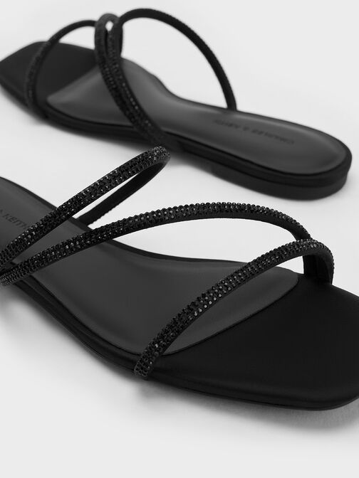 Sandales à lanières en satin et strass, Noir Texturé, hi-res