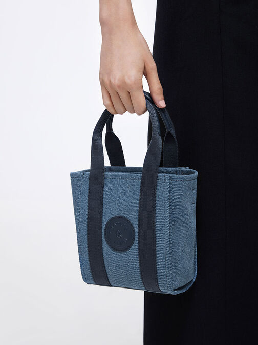 Mini Kay Denim Contrast-Trim Tote Bag, Blue, hi-res